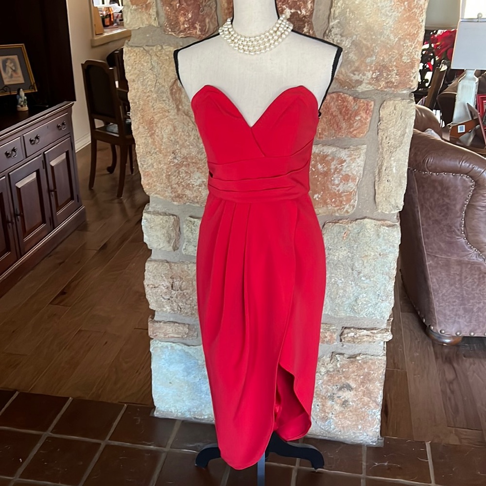 Stunning Red hot strapless tulip midi dress.